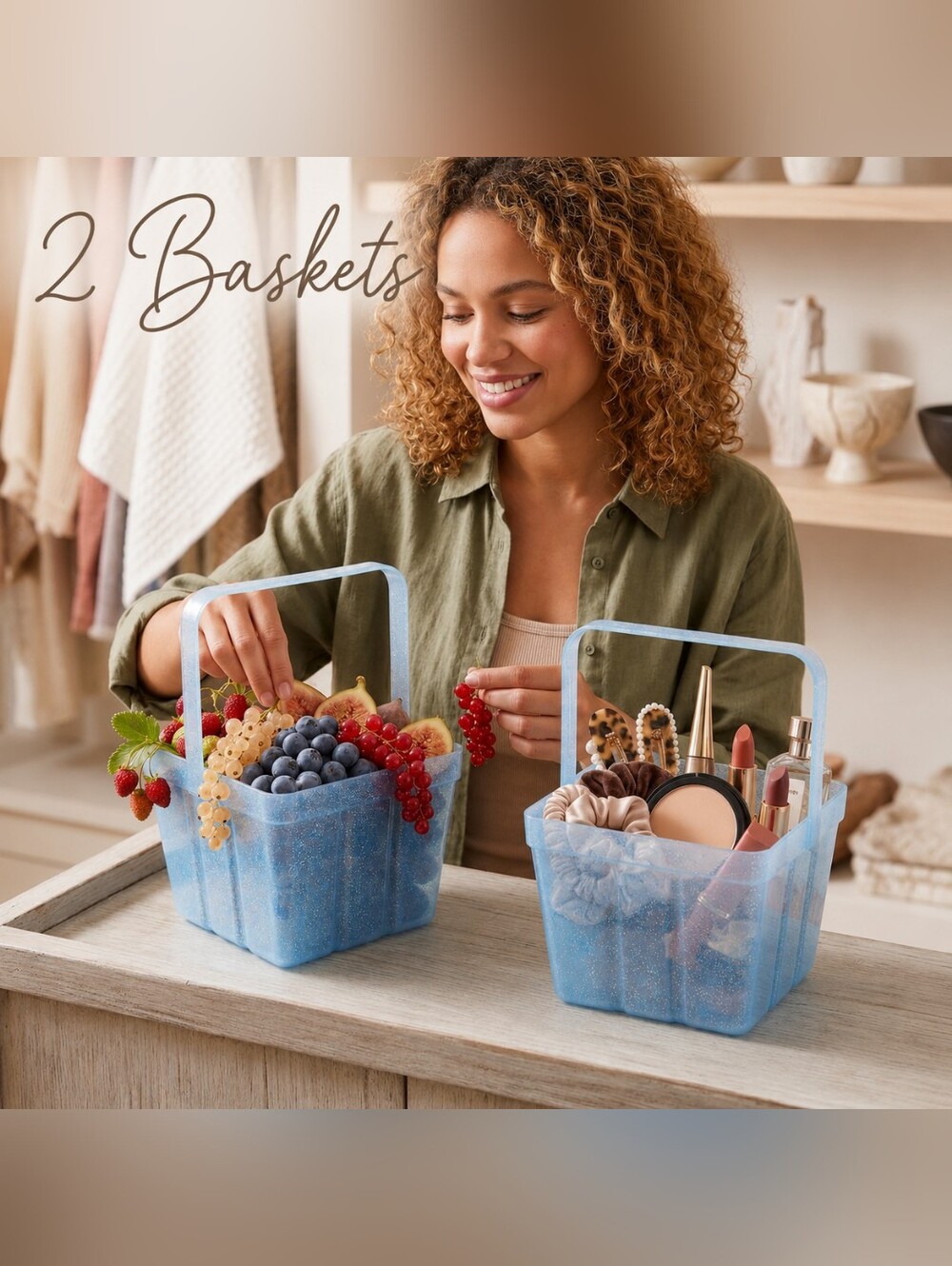 🍎NEW 2 Plastic Berry Baskets Spritz™ Blue Translucent w Glitter Set Space Saver